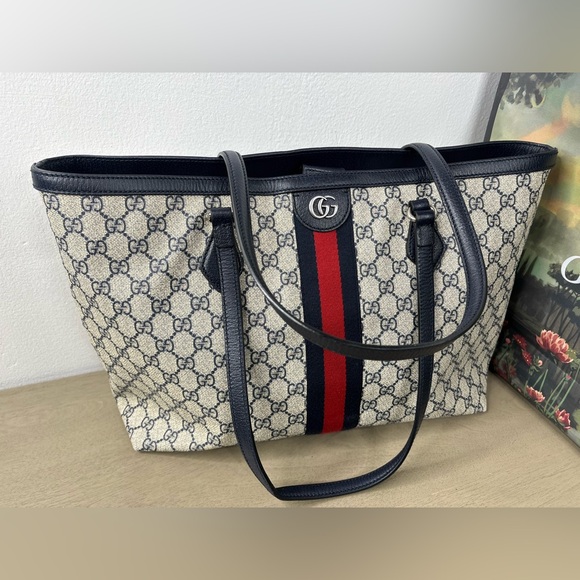 Gucci Handbags - Gucci GG Supreme Monogram Textured Calfskin Web Medium Ophidia Shopping Tote